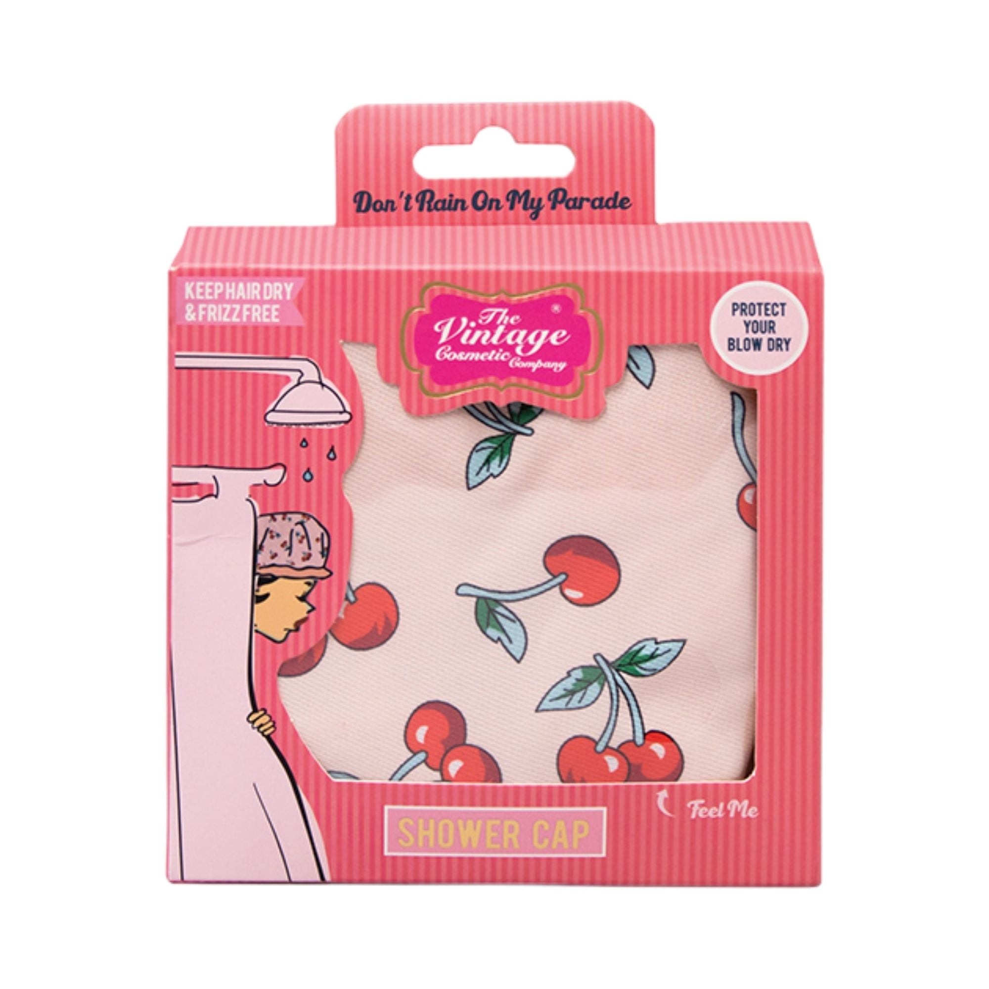 Shower cap packaging with cherry design on a white background