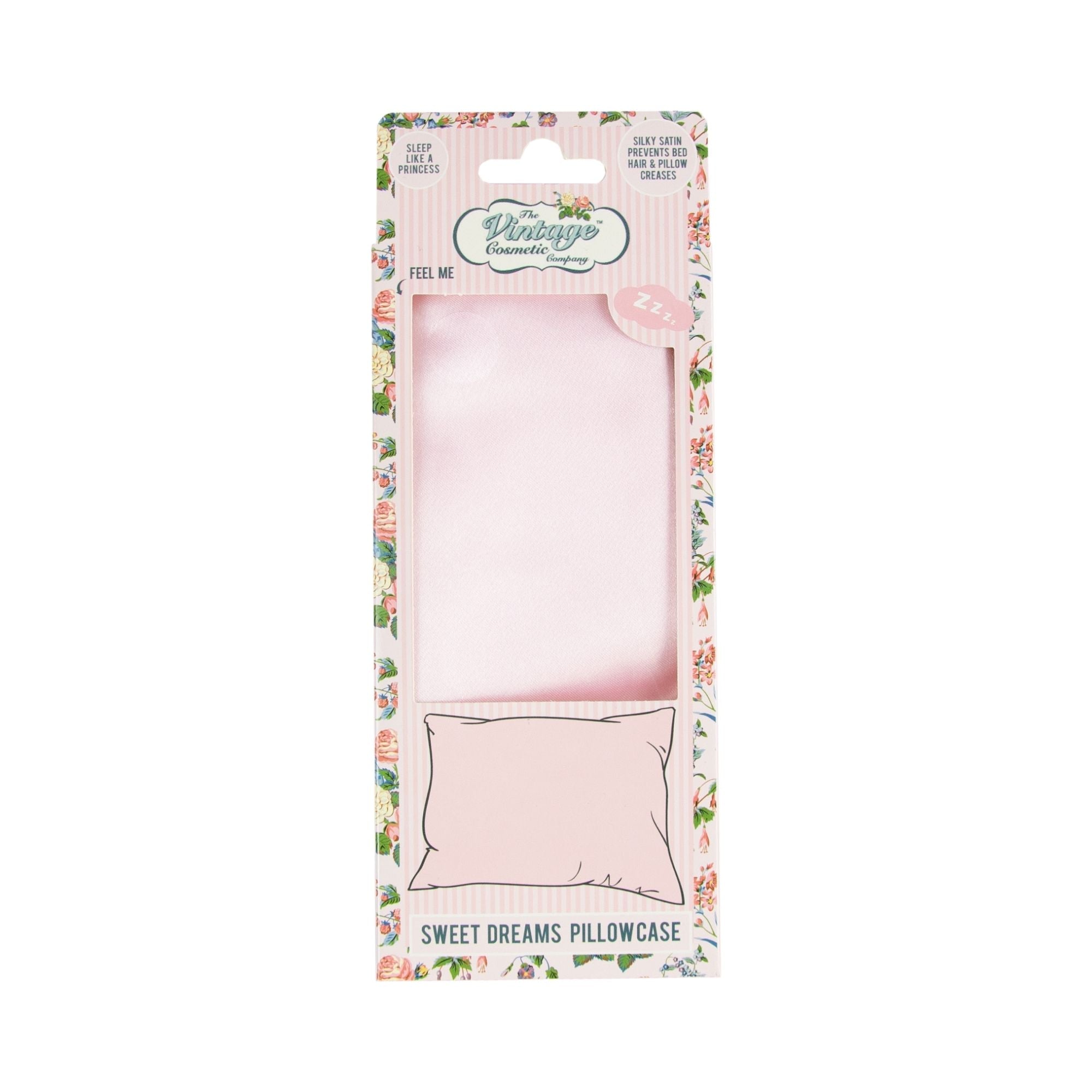Packaged pink pillowcase with floral design on packaging
